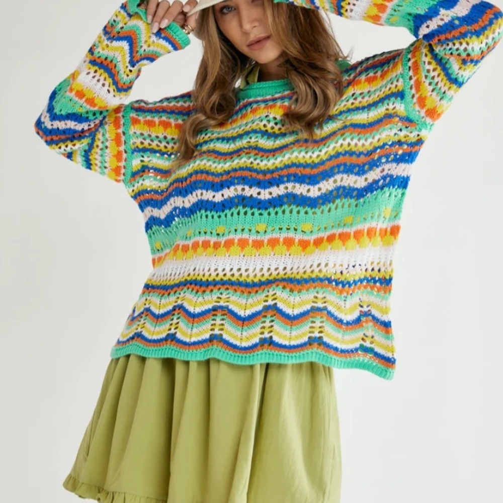 Colorful Striped Open Knit Sweater Women’s size Medium